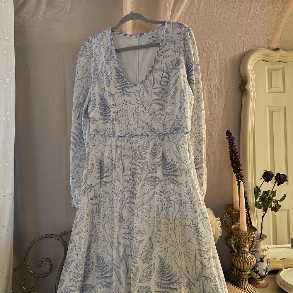 Aura White And Blue  A-Line Bishop Sleeve Dress